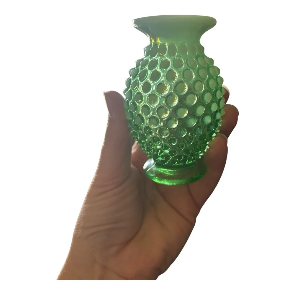 Vintage Fenton Art Glass Green Opalescent Hobnail Glass Uranium Vase #14